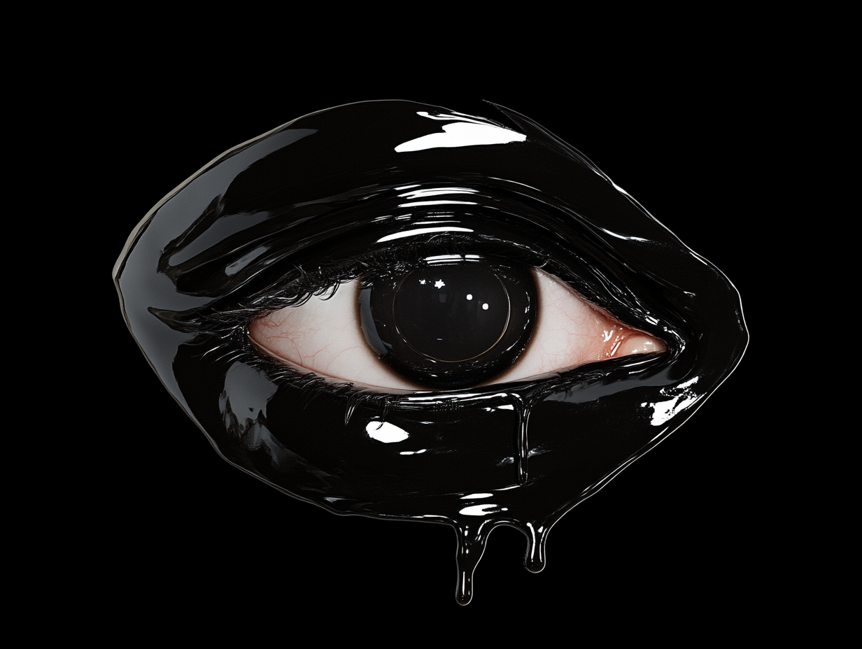 An eye surrounded by black, glossy, liquid-like material on a black background.