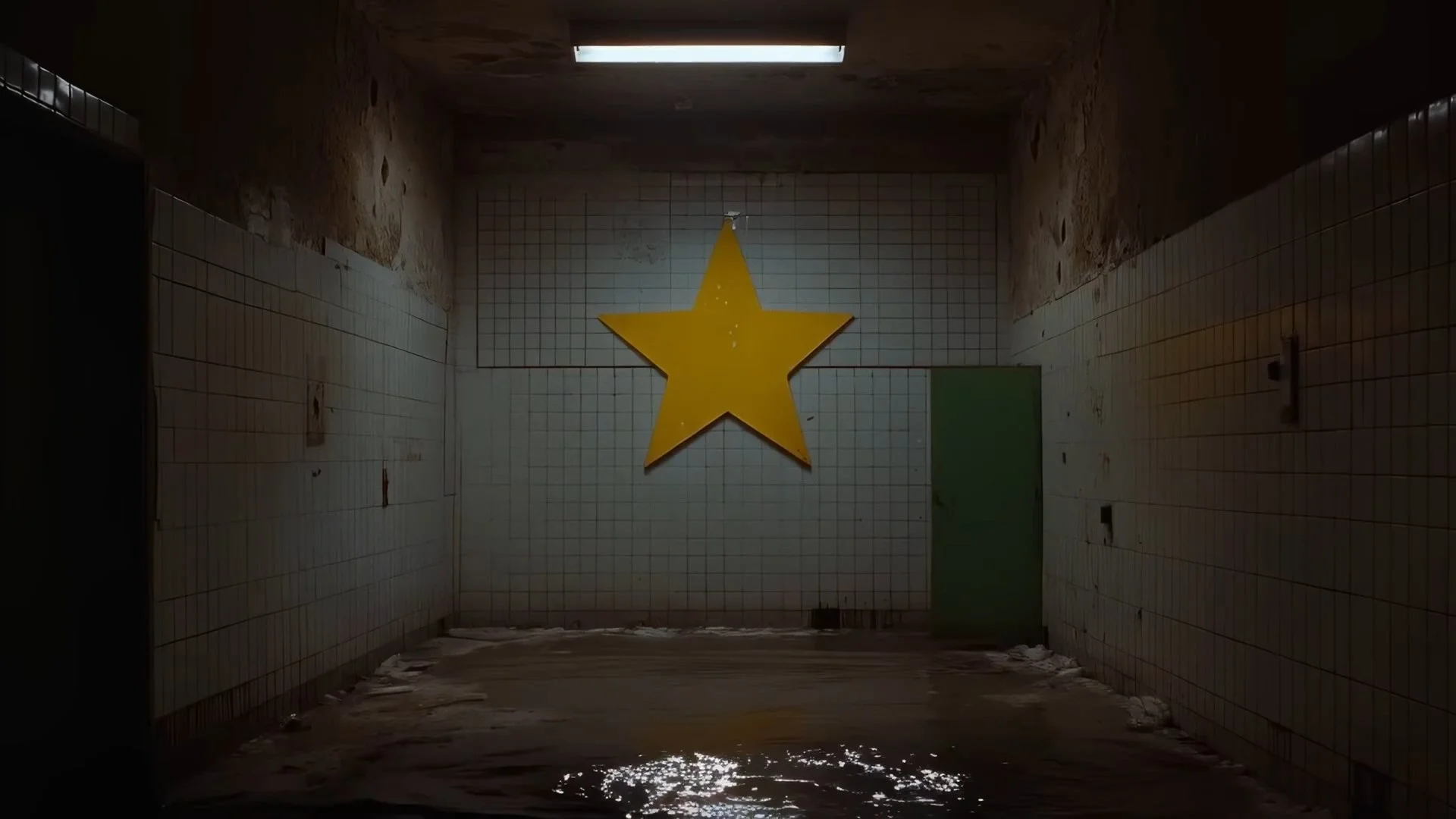 An empty, water-covered room with graffiti-covered, peeling walls and a large yellow star on the back wall, lit by a single overhead fluorescent light.