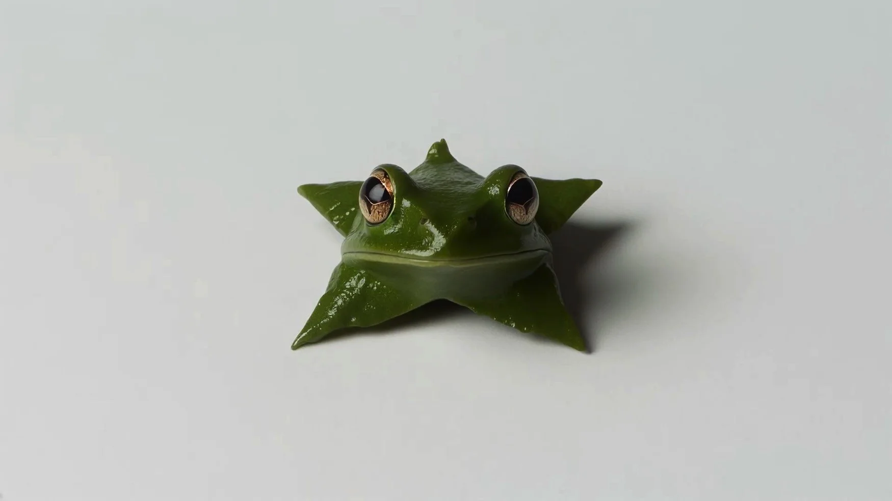 A green star-shaped frog with large, dark eyes sitting on a white surface.