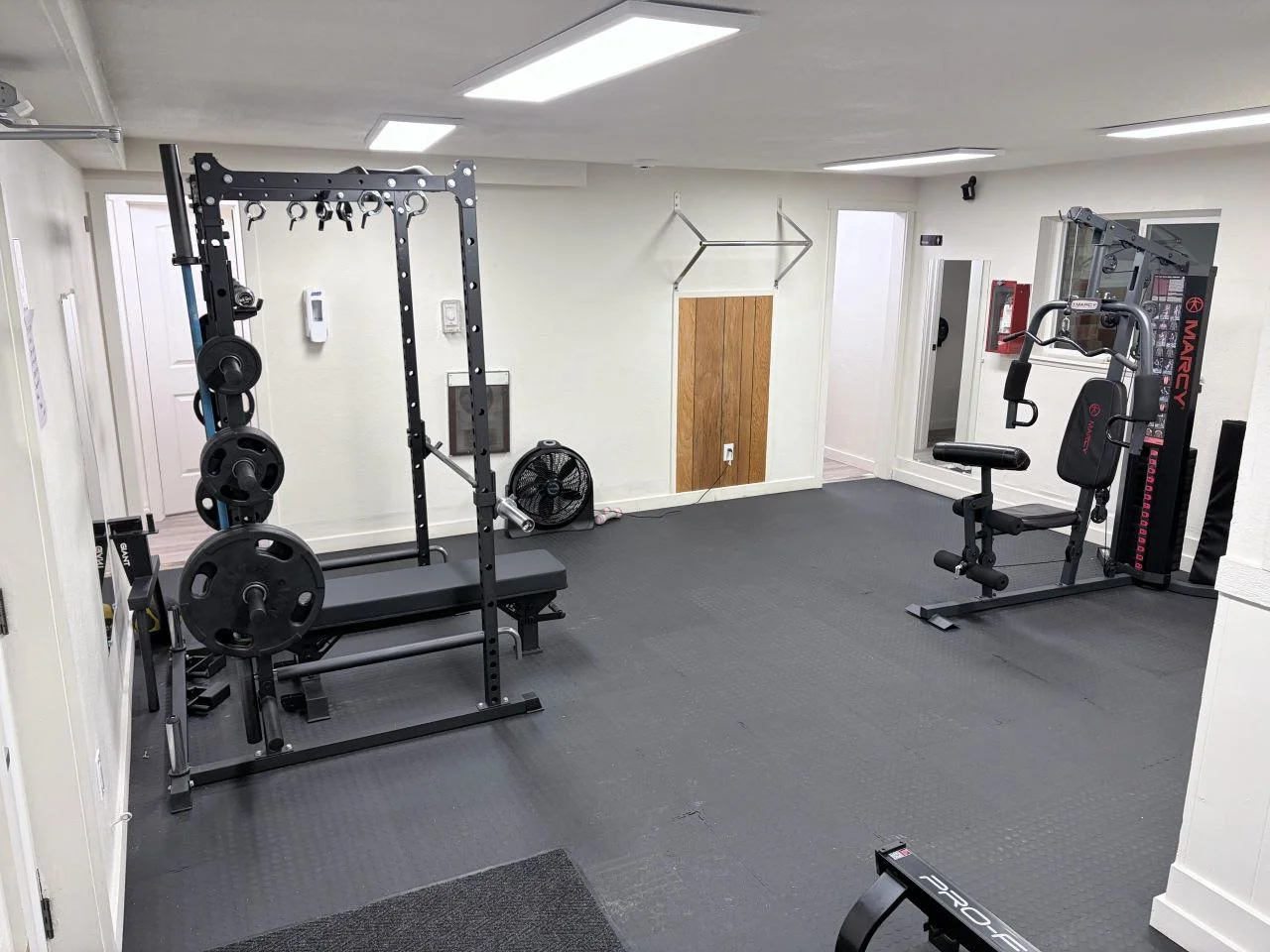 Home gym with weightlifting equipment, including a squat rack with weights and a leg press machine, set up in a room with white walls, carpeted floor, and ceiling lights.