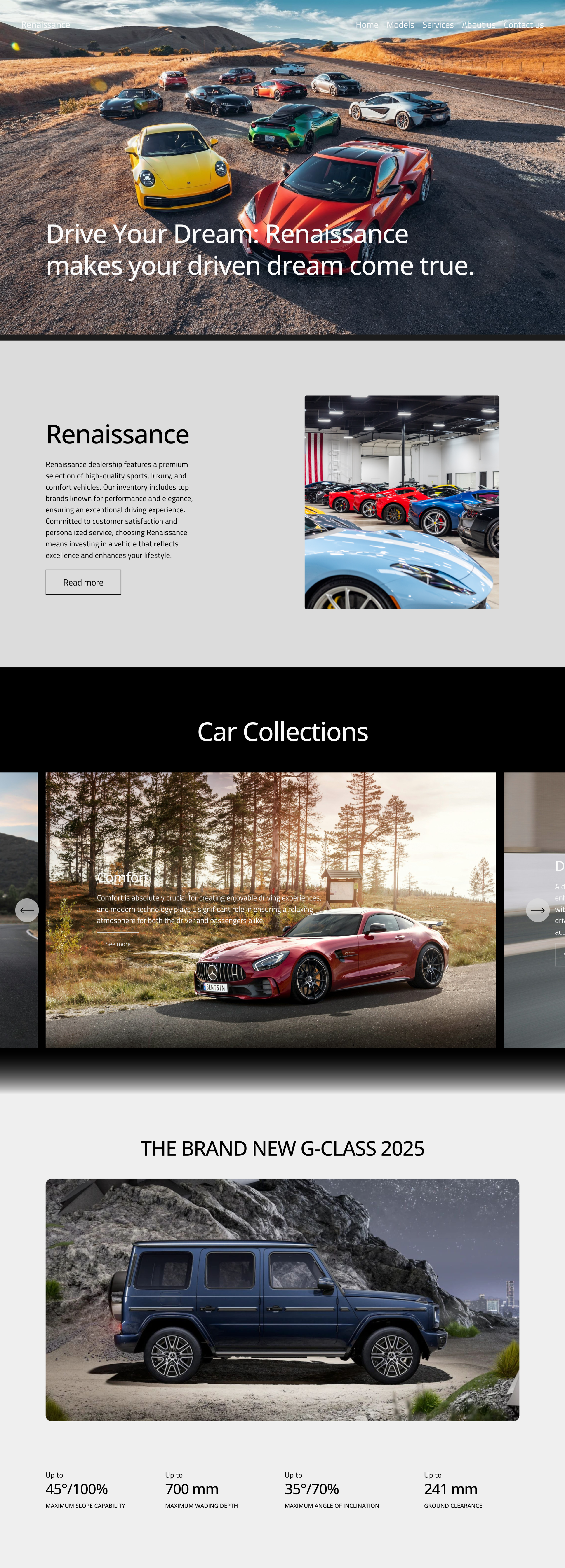 Luxury car dealership website featuring sports and luxury vehicles, highlighting models and G-Class 2025. Includes imagery of cars and dealership information.