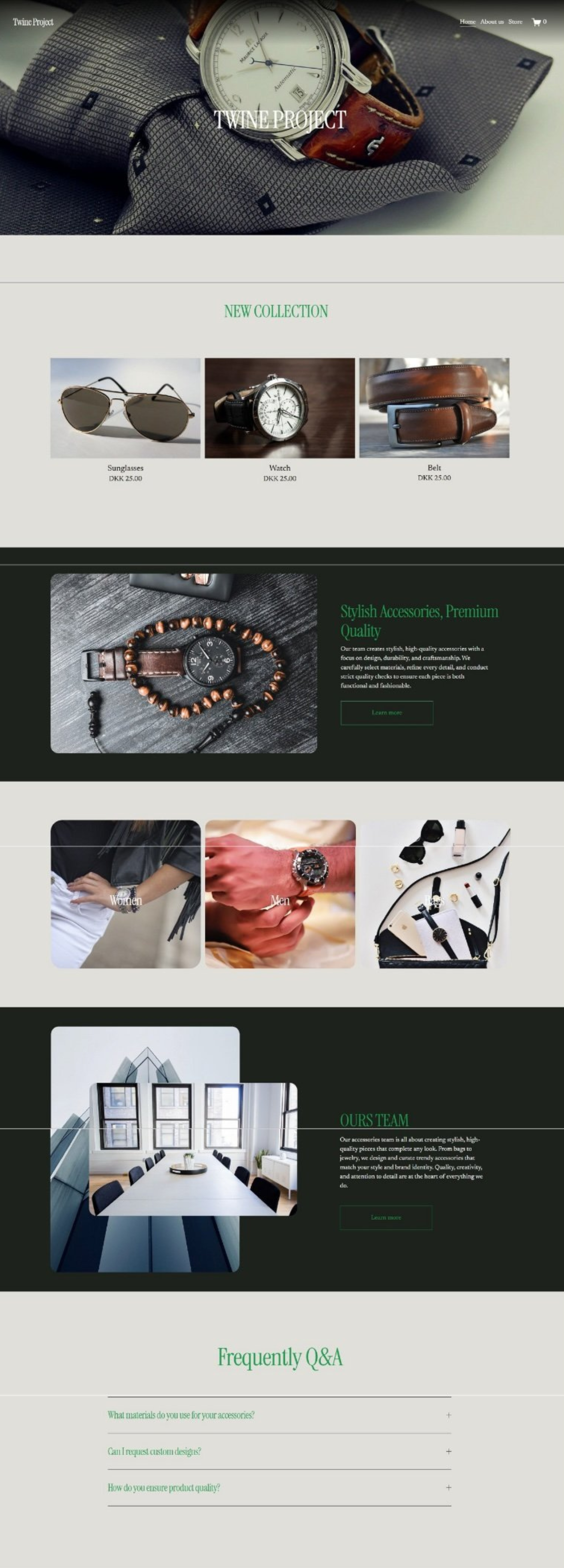 Webpage of Twine Project showing luxury accessories including watches, sunglasses, and belts. Features sections for new collection, product categories, team information, and a FAQ. Prices are listed in DKK.