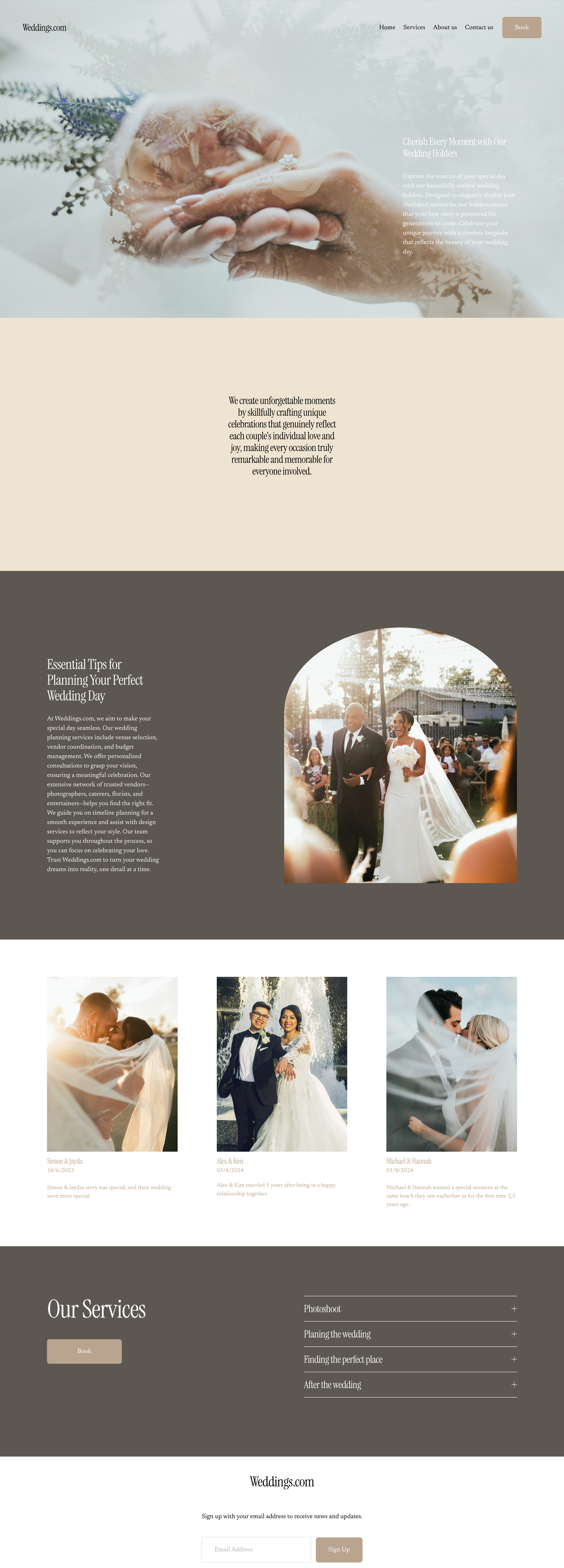 Website homepage promoting wedding planning and photography services with an image of a couple holding hands, a section on planning tips, featured wedding photos, and a list of services. The website is titled Weddings.com.