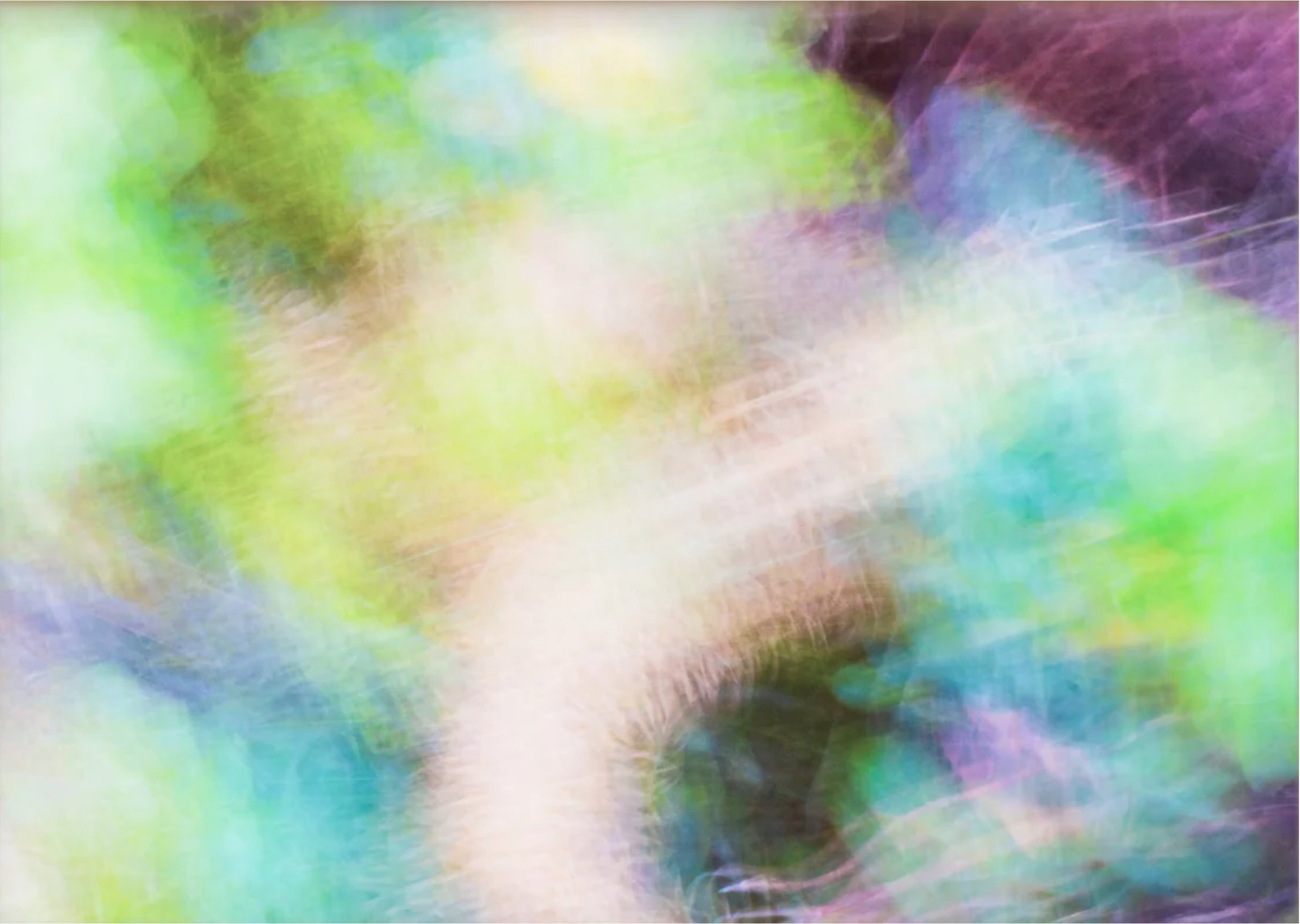 Abstrakte, bunte Farbfläche mit verschwommenen und verzerrten Bereichen in Grün, Blau, Lila und Weiß.