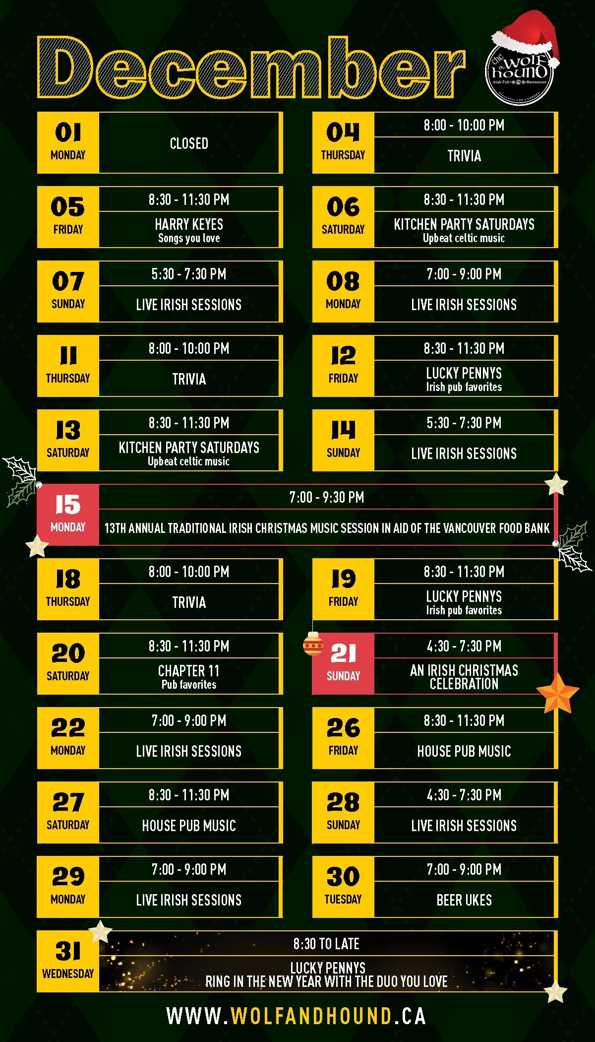 December event schedule at Wolf and Hound, featuring Irish music sessions, trivia nights, karaoke, and holiday celebrations, with dates and times outlined.