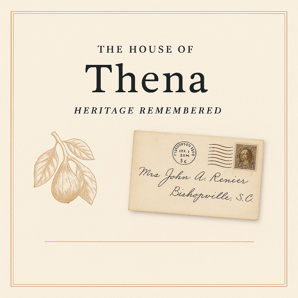 Book cover titled 'The House of Thena, Heritage Remembered' with an illustration of a nut and a vintage letter addressed to Mrs. John A. Renier in Bishopville, South Carolina.