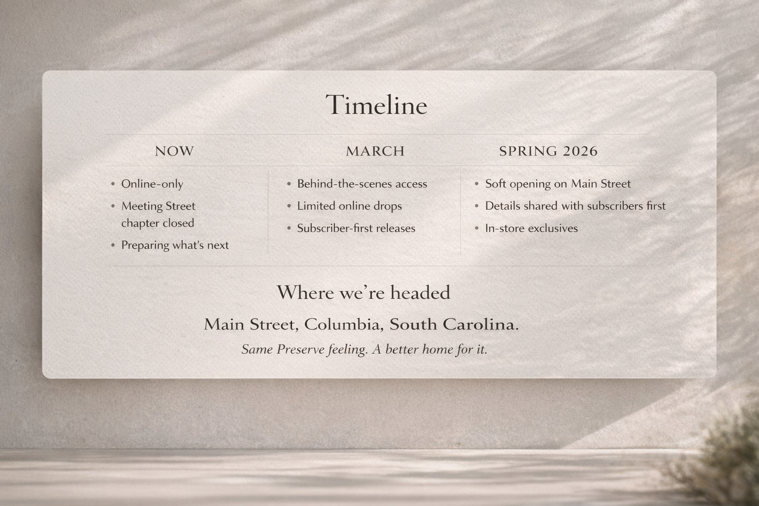 A timeline poster with three columns labeled Now, March, and Spring 2026, detailing phases of an event or project, including online activities, in-store openings, and location details in Columbia, South Carolina.