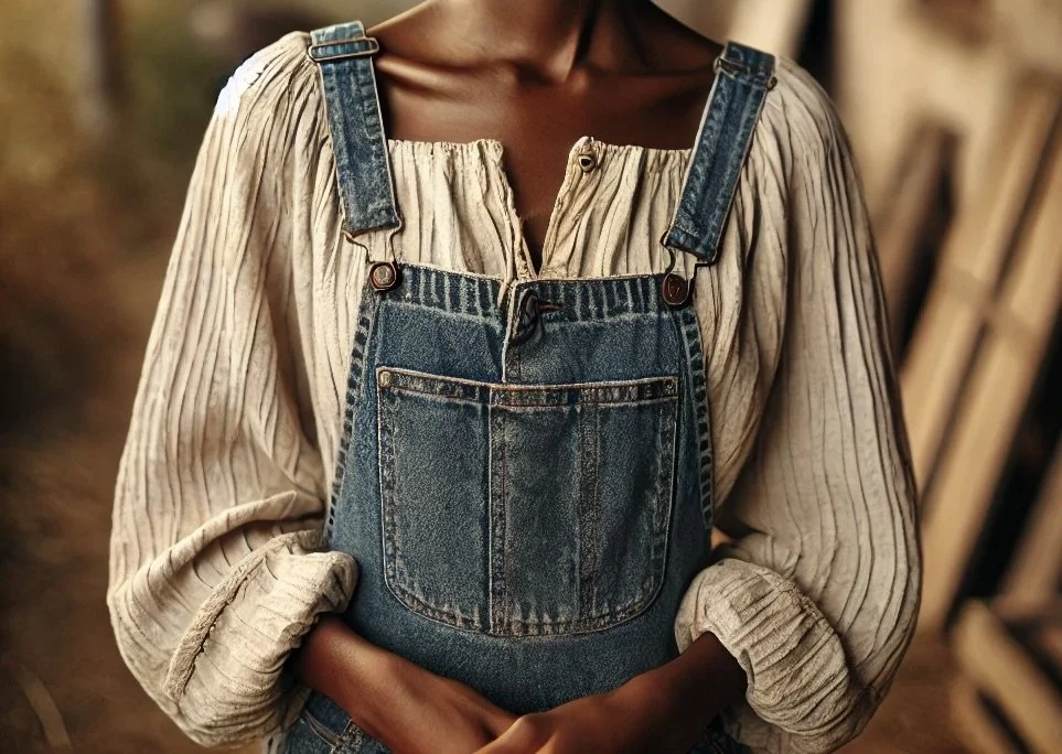 A person wearing a beige striped blouse and blue denim overalls, standing outdoors with a blurred background.
