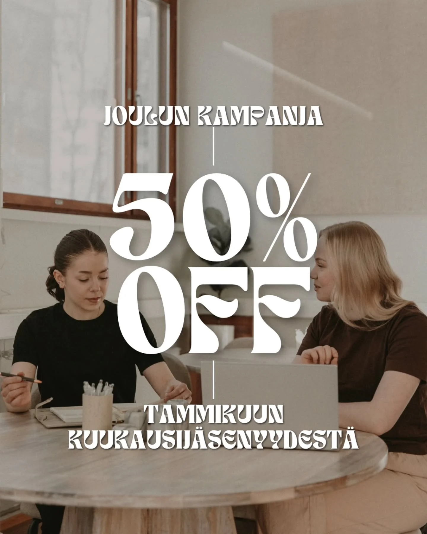 TAMMIKUUN J&Auml;SENYYS PUOLEEN HINTAAN ✨

Visio Coworkingin joulukampanja on t&auml;&auml;ll&auml;!
Jos haluat aloittaa uuden vuoden selke&auml;mmill&auml; rutiineilla, paremmalla ty&ouml;rauhalla ja inspiroivalla ty&ouml;ymp&auml;rist&ouml;ll&auml;