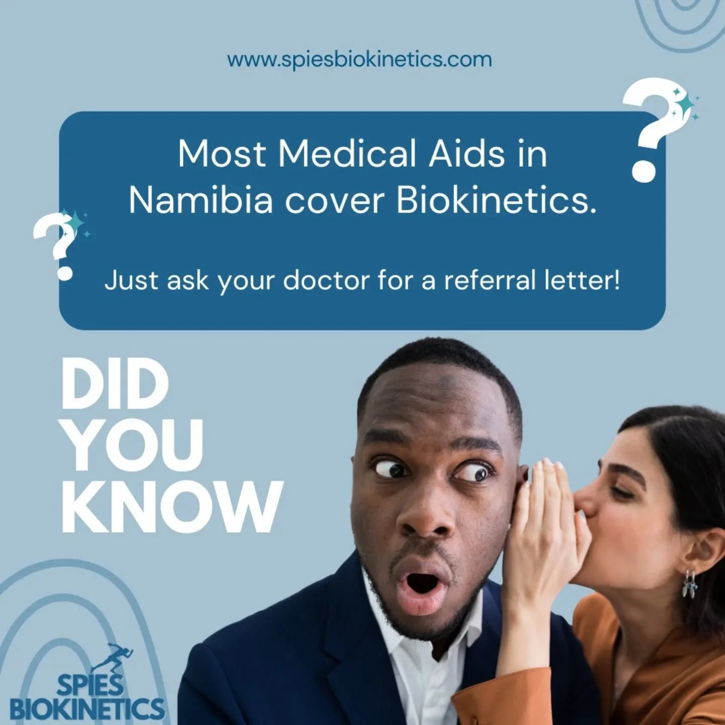 🩺💡 DID YOU KNOW?
Most Medical Aids in Namibia cover Biokinetics sessions!
If you're recovering from an injury, surgery, or managing a chronic condition, you may already be covered – all you need is a referral letter from your doctor.
📄➡️💪
