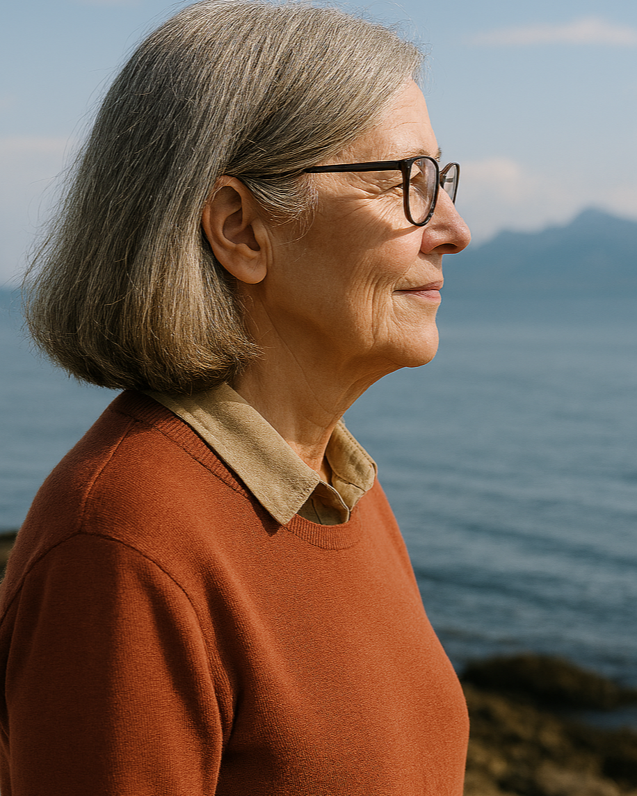 Side profile of an elderly woman with gray hair, wearing glasses and an orange sweater, standing outdoors near a body of water and mountains in the background.