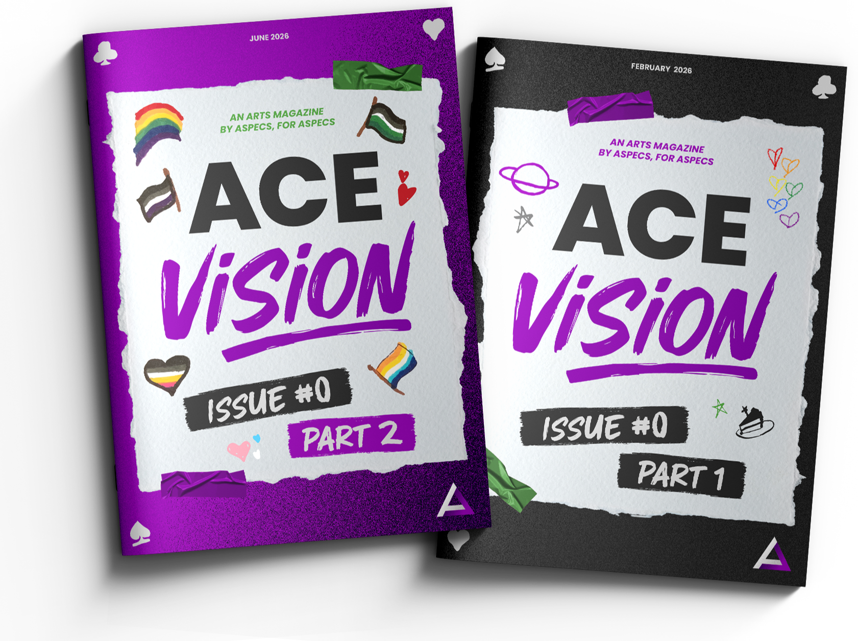 AceVision Magazine Issue #0 Part 1 and Part 2 cover mockup. AceVision is an LGBTQ+, asexual, and aromantic arts magazine featuring original artwork, writing, photography, poetry, and interviews by aspec creators.