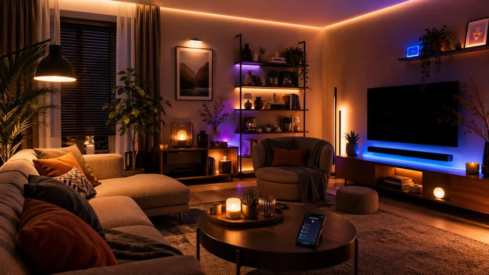 Cozy living room with sectional sofa, armchair, and coffee table illuminated by candles, with potted plants, wall-mounted television with blue backlight, and shelves with decorative items, ambient colorful LED lighting, and a framed mountain landscape photo.