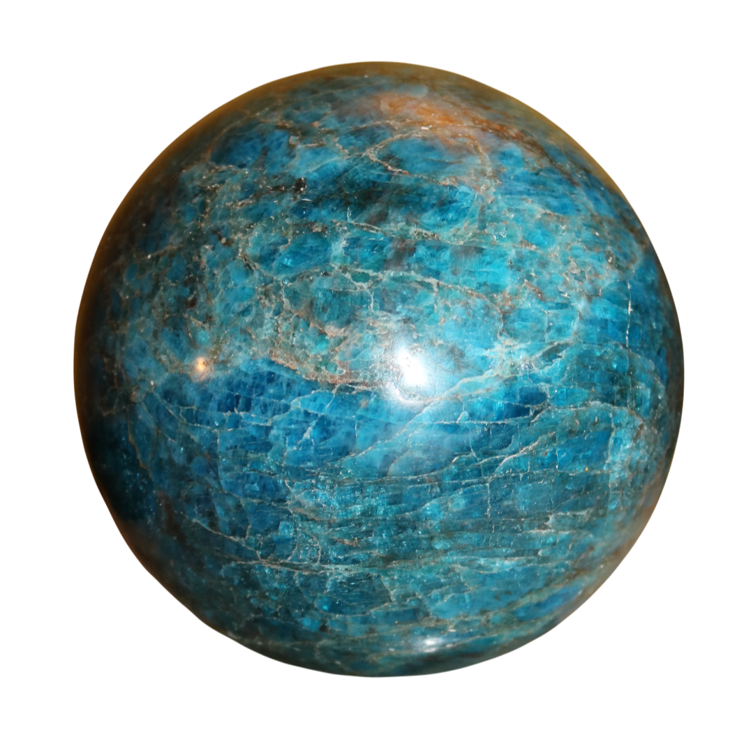 A polished spherical gemstone with blue and green hues, showing natural veining and marbling patterns.