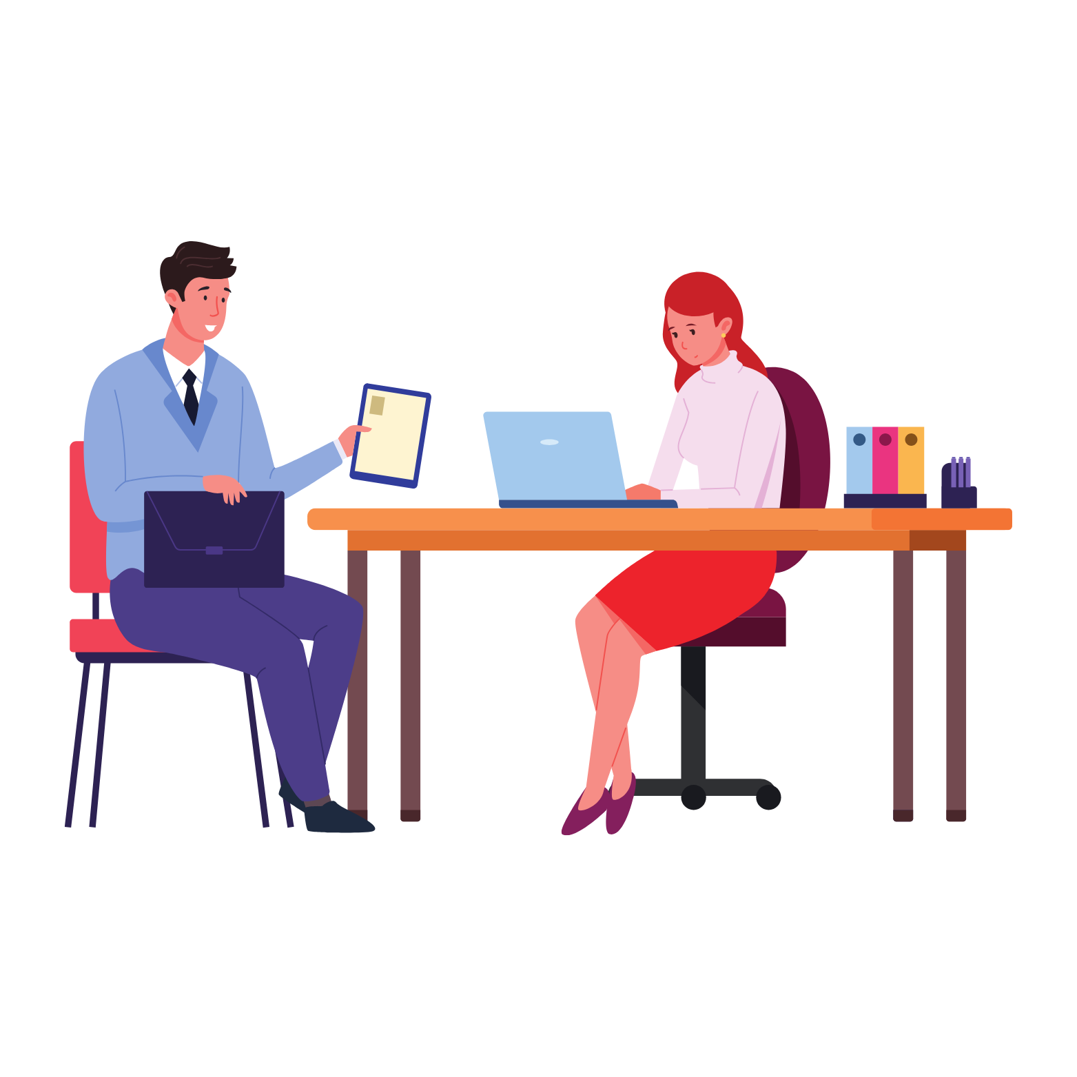 Two colleagues celebrating a successful project with a high five in a modern office, with a laptop, coffee mugs, and documents on the table.