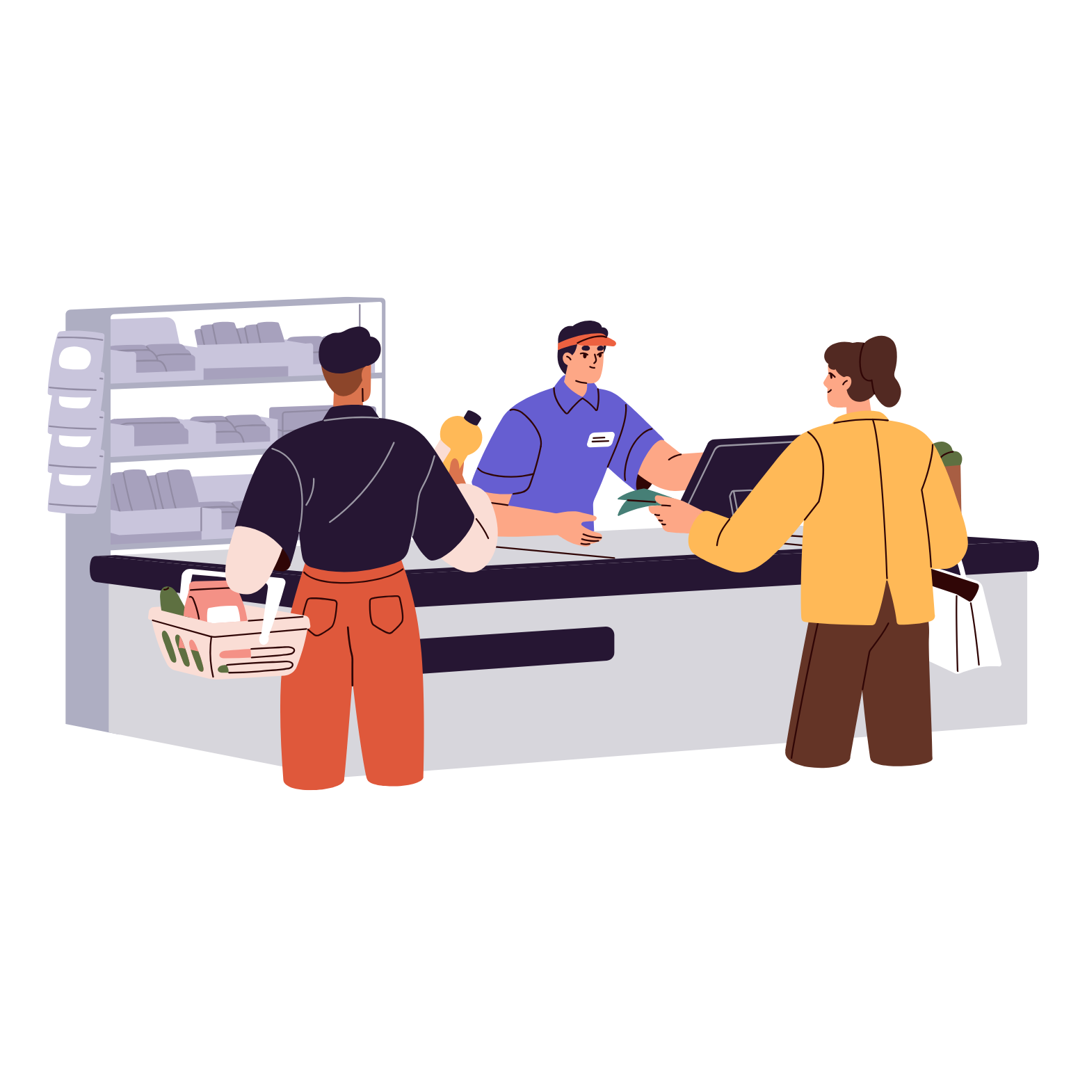 A woman wearing a face mask, apron, and cap sells drinks at a small wooden counter, while two women on the other side look at her phone. The background shows framed photos, hanging lanterns, and signs in Chinese. Bottles and containers are on the counter.