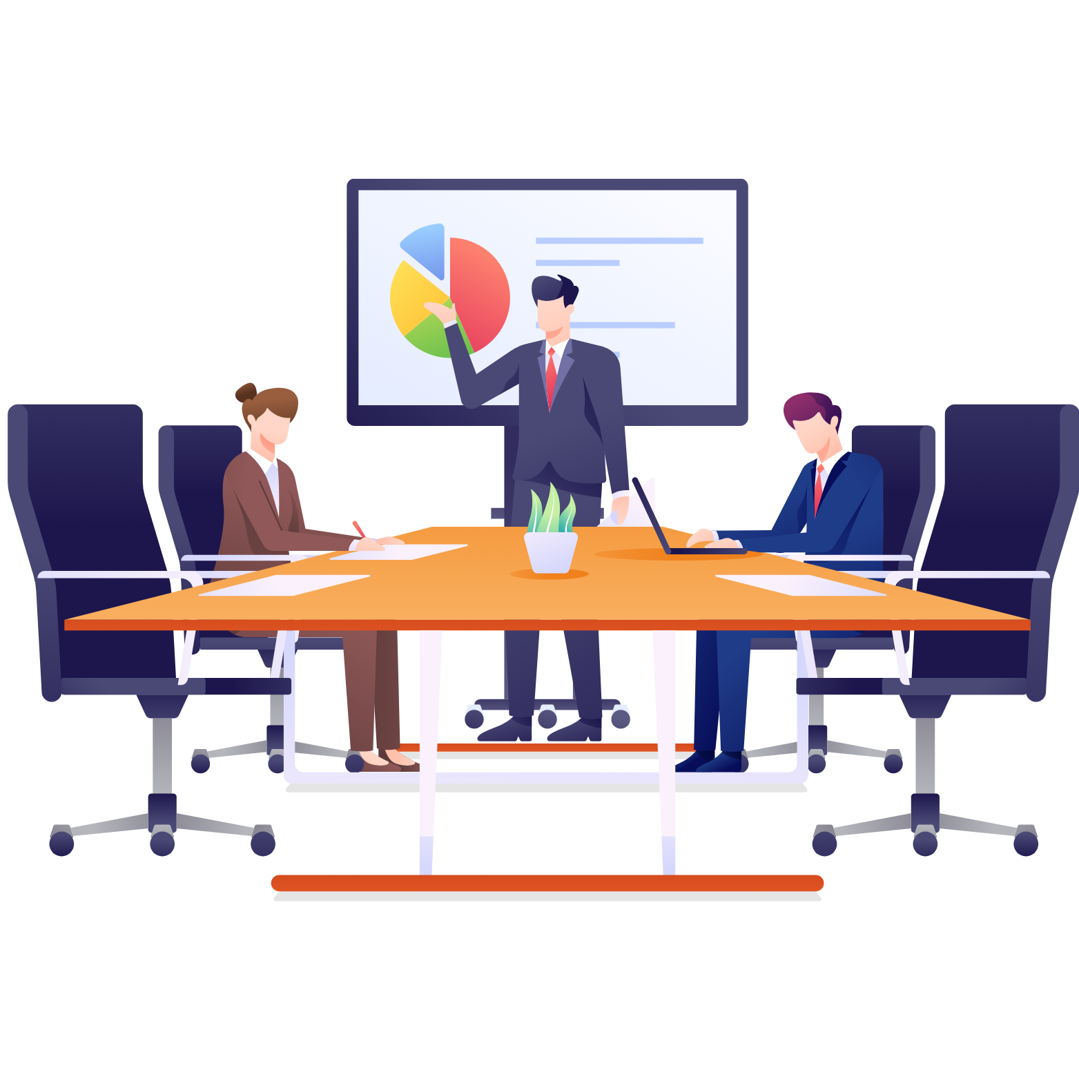 Three people engaged in a discussion at a collaborative workspace with laptops, in an office with industrial lighting and black walls with motivational text.