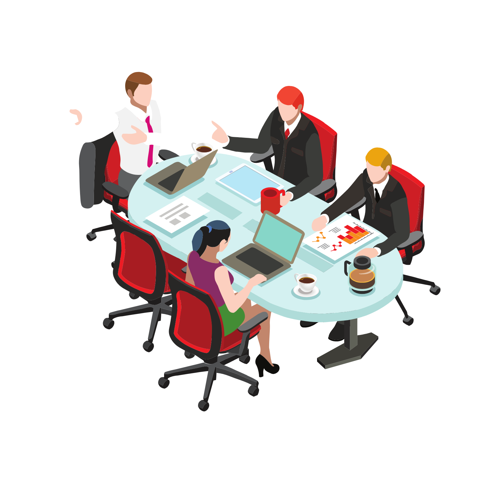 Multiple people holding hands in a circle on a desk with papers and electronic devices.