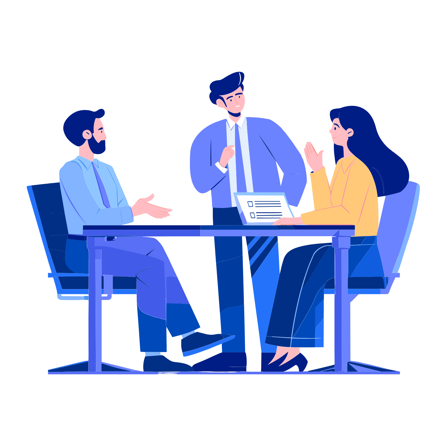 Two professionals, a man and a woman, sharing a high five in a modern office. They are sitting at a wooden desk with documents, a laptop, and coffee mugs, with a whiteboard and a window in the background.