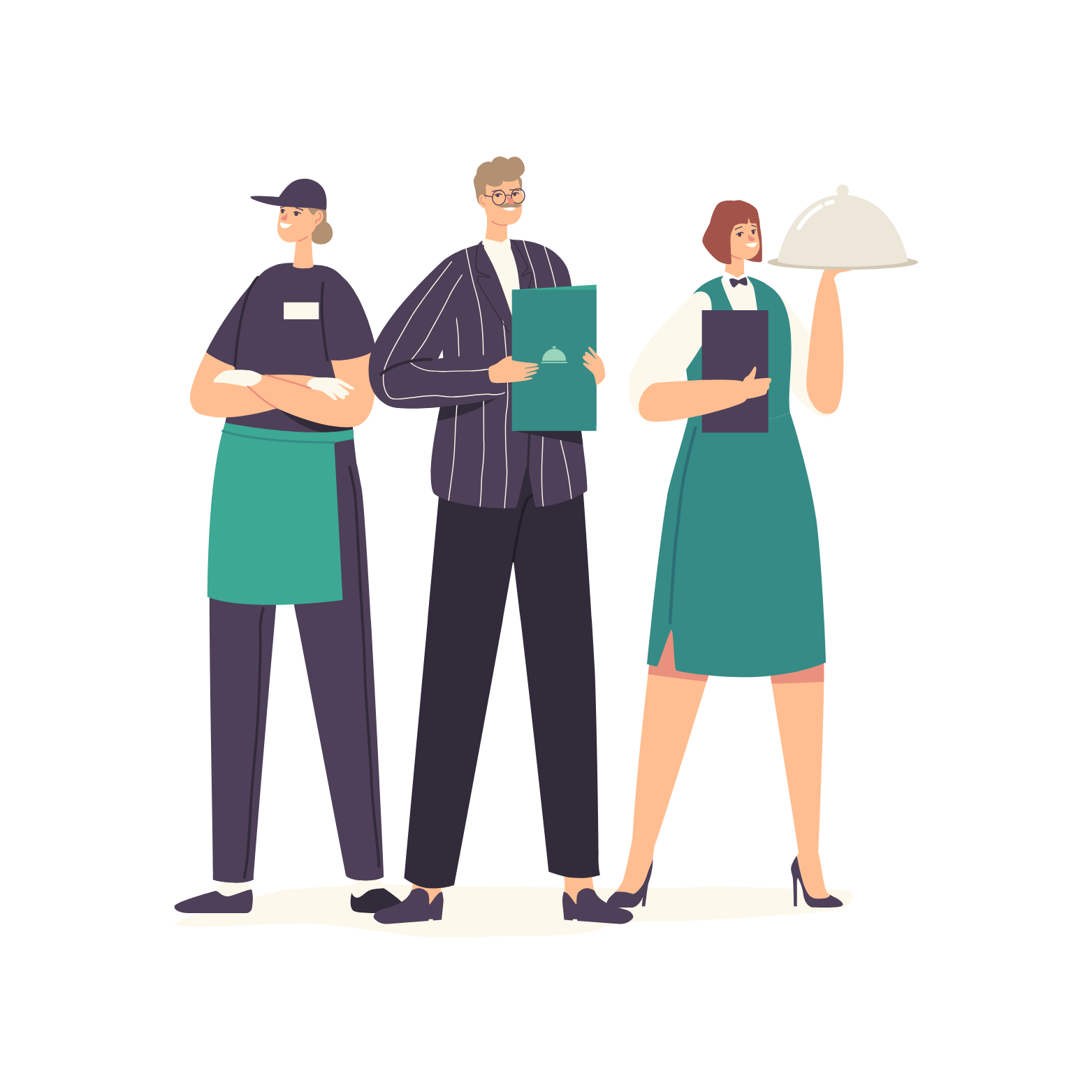 View through a restaurant window showing kitchen staff in white uniforms and hats, with some blurred customers walking by in the foreground.