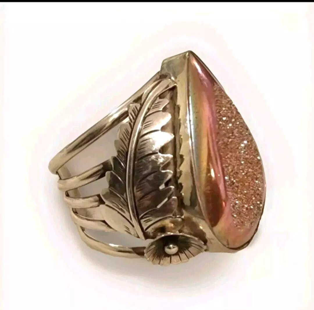 Navajo Native American Druzy Quartz Sterling Silver Flower and Leaf-work Cuff Bracelet