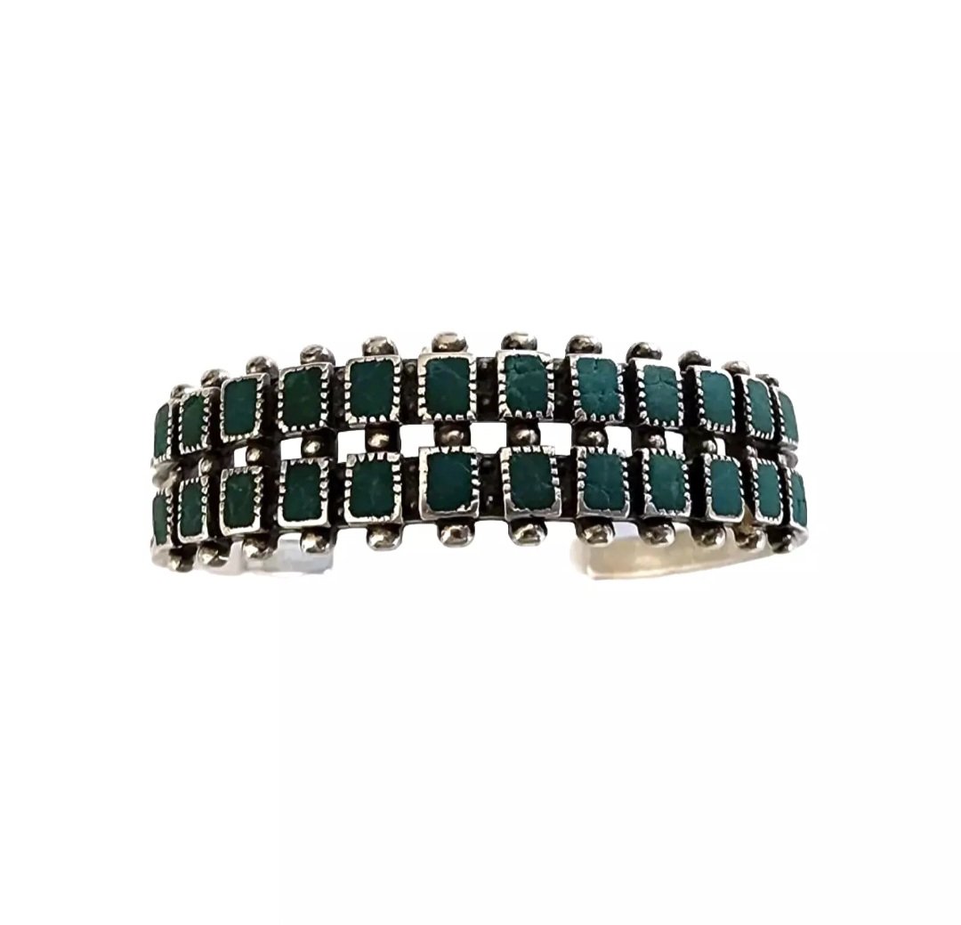 Zuni Vintage Hand Stamped Sterling Silver Turquoise Petit Point Cuff Bracelet