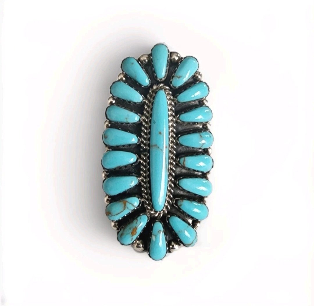Native American Davin Benally Navajo Signed Petit Point Sterling Silver Turquoise Squash Blossom Ring Size 6.5