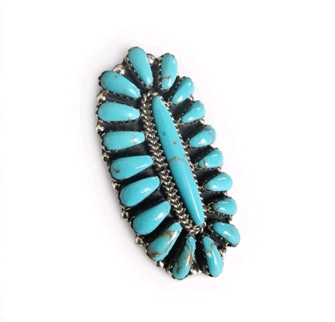 Native American Davin Benally Navajo Signed Petit Point Sterling Silver Turquoise Squash Blossom Ring Size 6.5