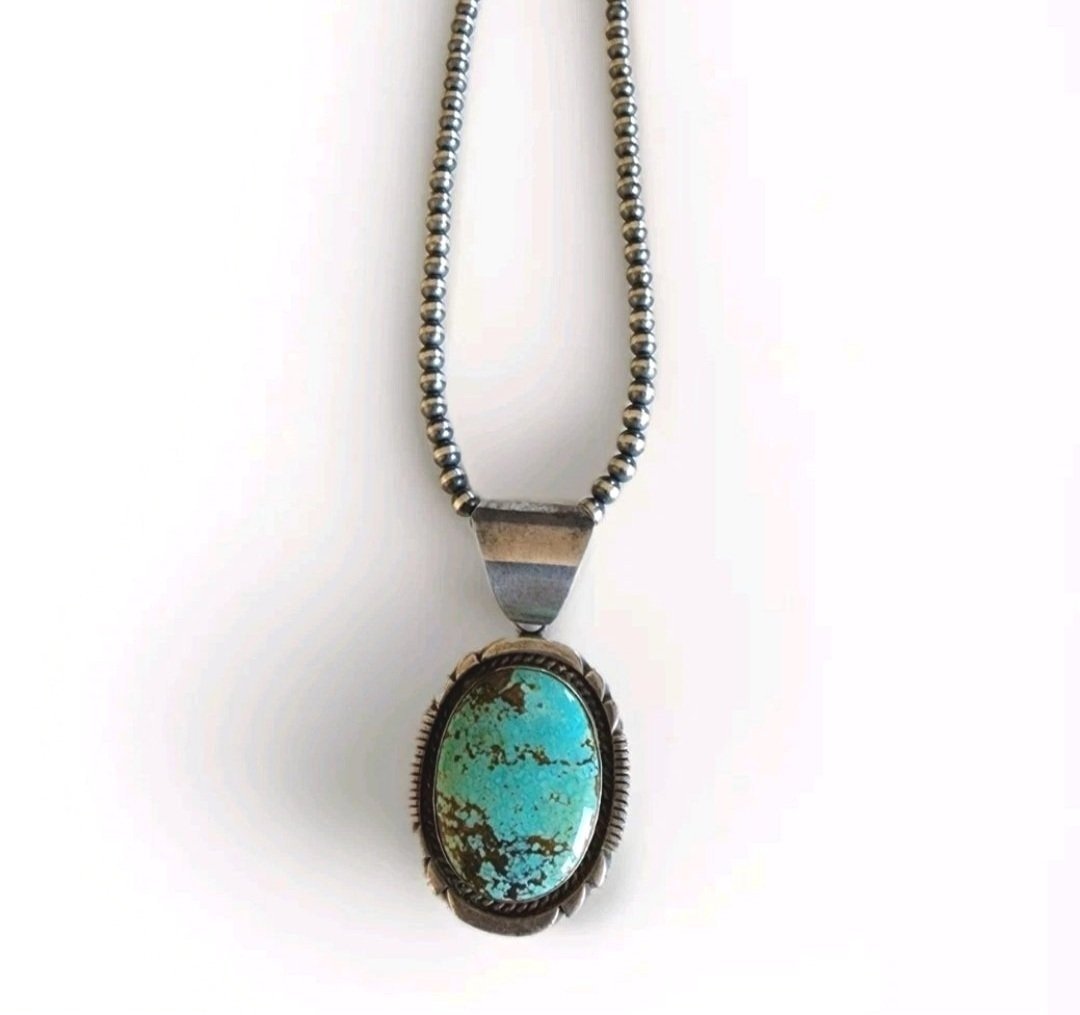Vintage Navajo Native American Lee Bennet Signed Sterling Silver Pendant with Nevada No. 8 Turquoise