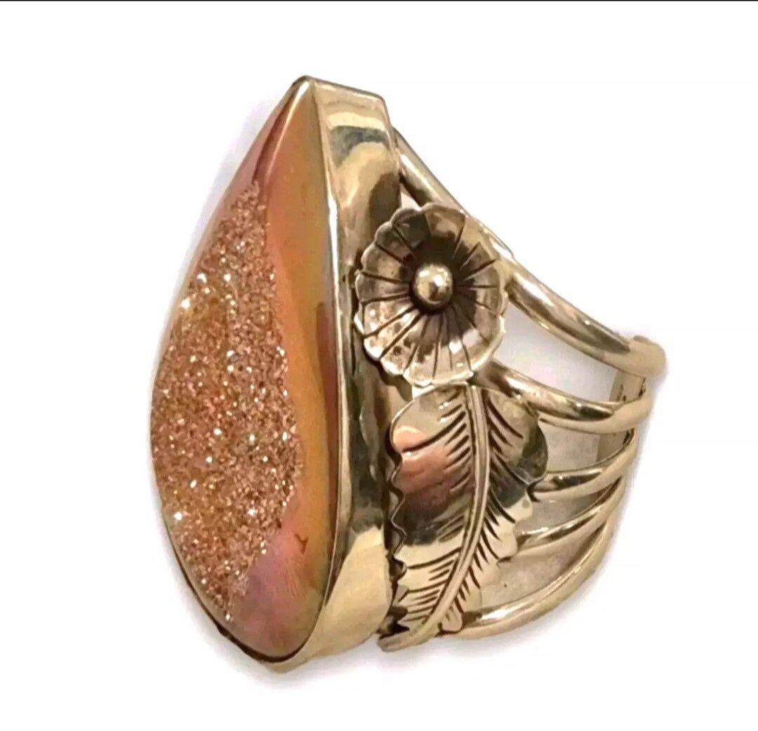 Navajo Native American Druzy Quartz Sterling Silver Flower and Leaf-work Cuff Bracelet