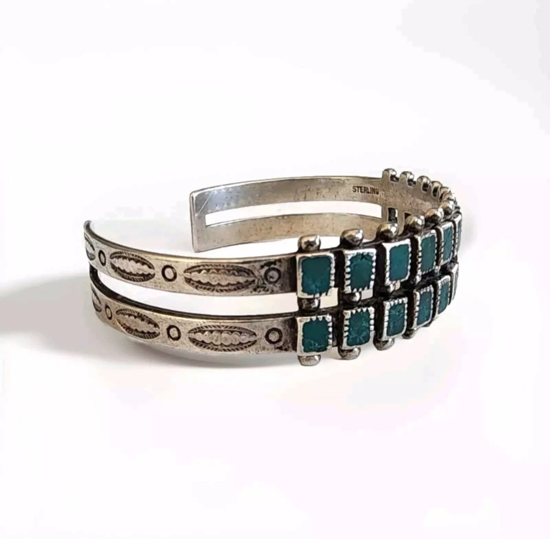 Zuni Vintage Hand Stamped Sterling Silver Turquoise Petit Point Cuff Bracelet