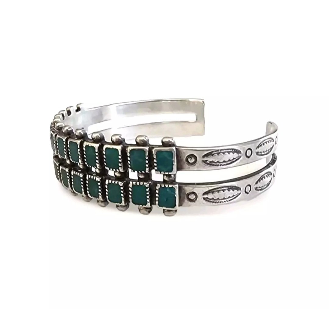 Zuni Vintage Hand Stamped Sterling Silver Turquoise Petit Point Cuff Bracelet