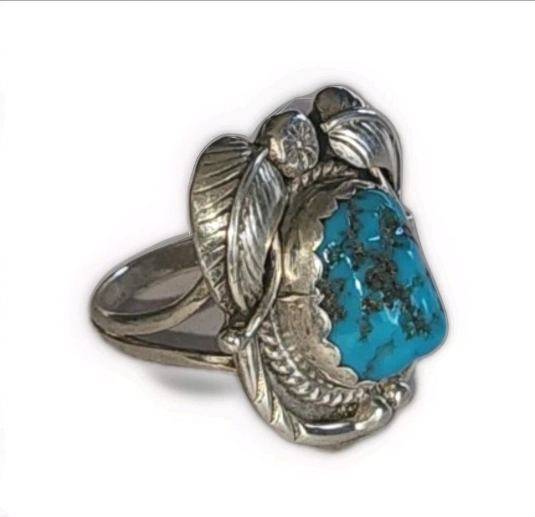 Vintage Navajo Sterling Silver Kingman Turquoise Ring Size 7.75, Signed DL
