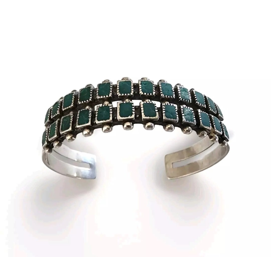 Zuni Vintage Hand Stamped Sterling Silver Turquoise Petit Point Cuff Bracelet