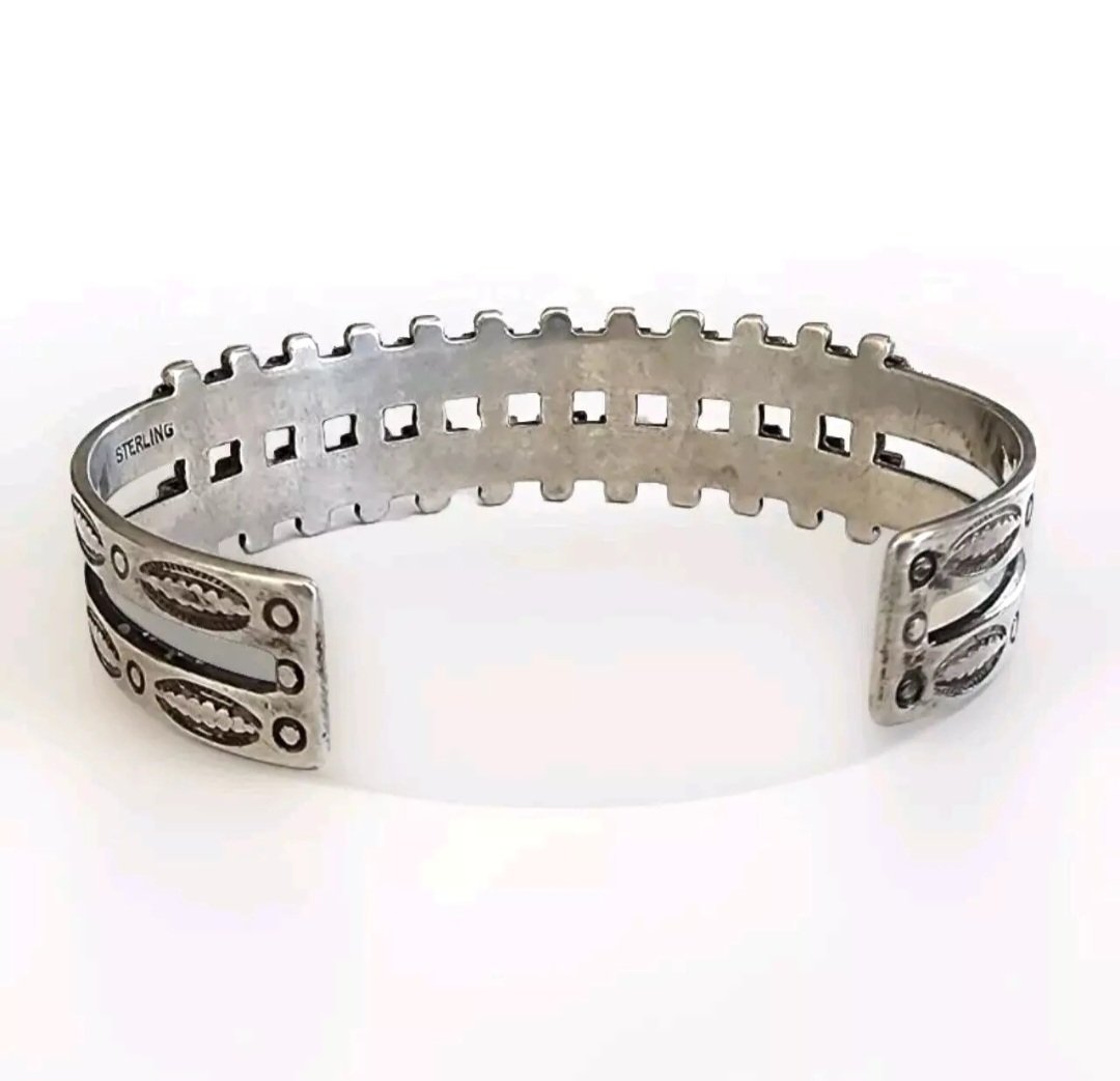 Zuni Vintage Hand Stamped Sterling Silver Turquoise Petit Point Cuff Bracelet