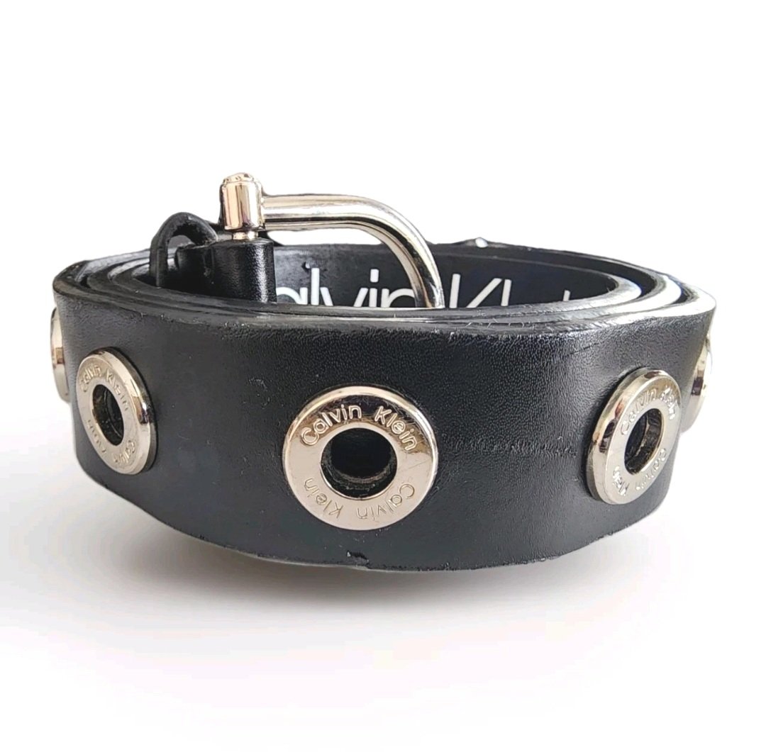 Calvin Klein Womens Black Leather Silver-tone Grommet Belt Size Large