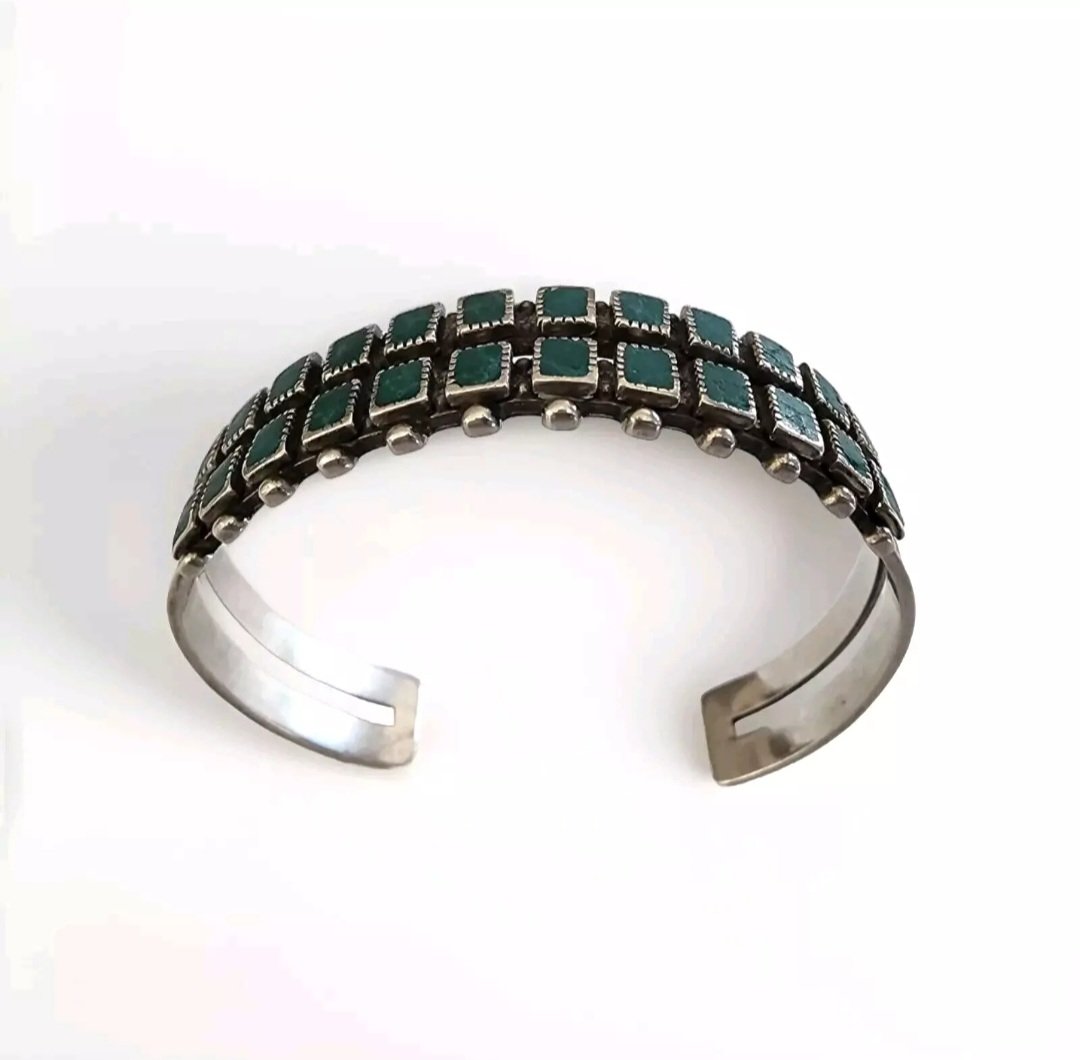 Zuni Vintage Hand Stamped Sterling Silver Turquoise Petit Point Cuff Bracelet