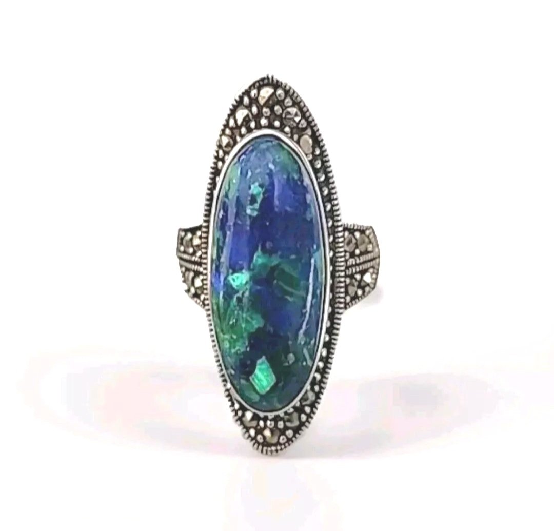 Sterling Silver Eilat And Marcasite Ring From Israel, Size 7.5