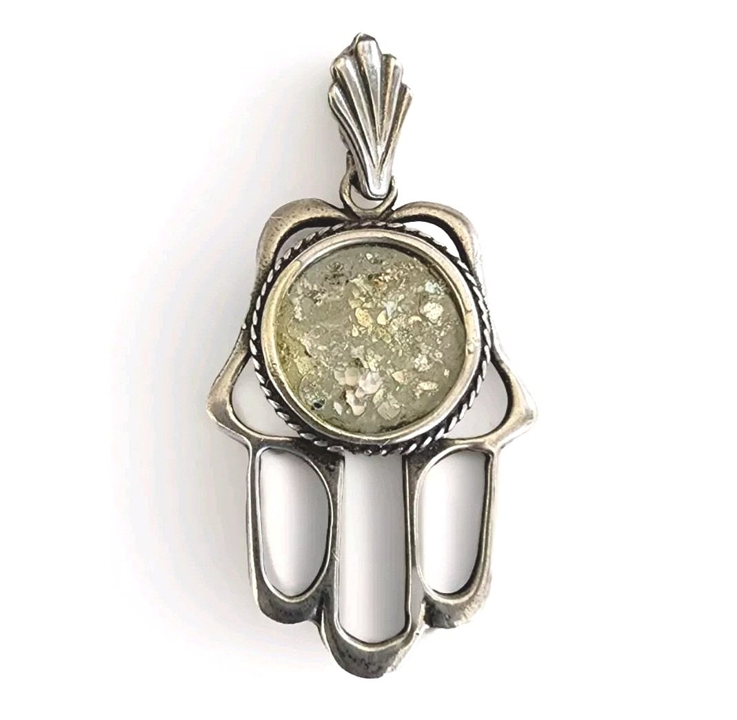 Hamsa Sterling Silver And Roman Glass From 1st - 2nd Century Jerusalem