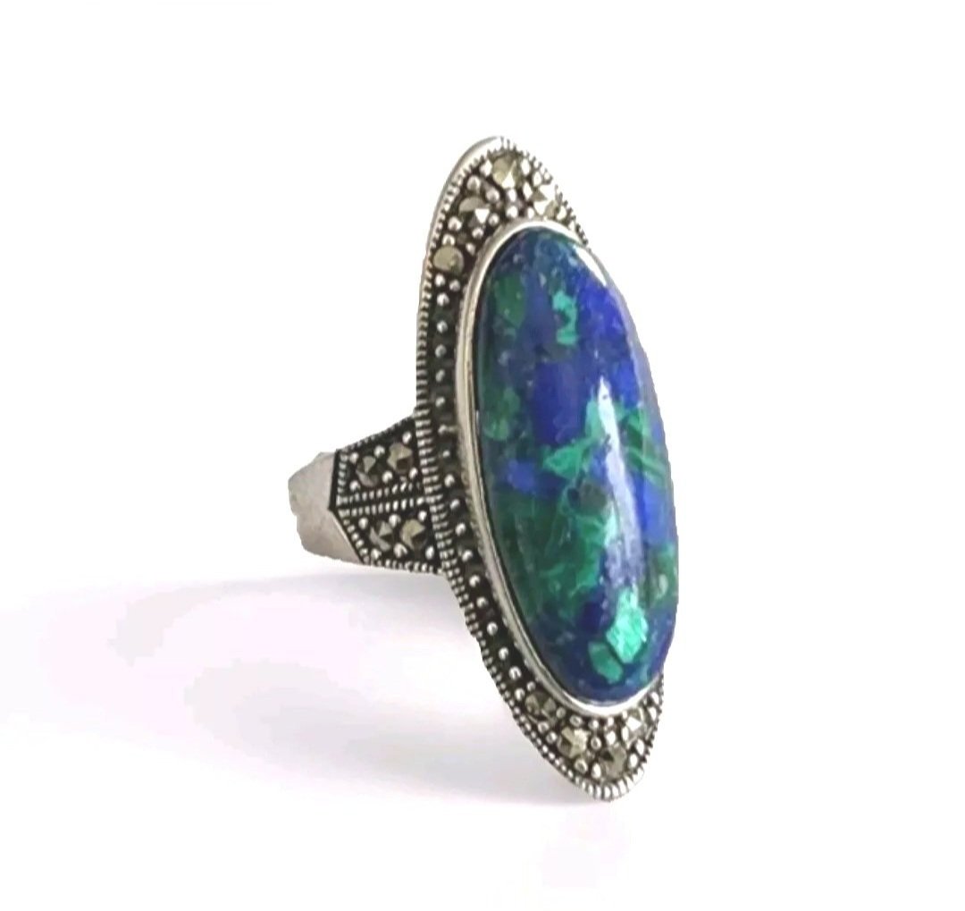 Sterling Silver Eilat And Marcasite Ring From Israel, Size 7.5