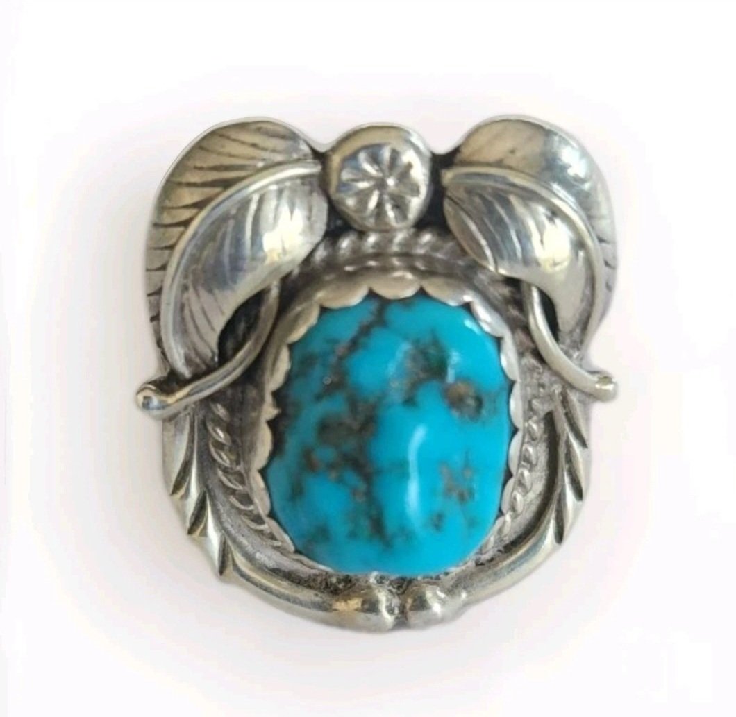 Vintage Navajo Sterling Silver Kingman Turquoise Ring Size 7.75, Signed DL