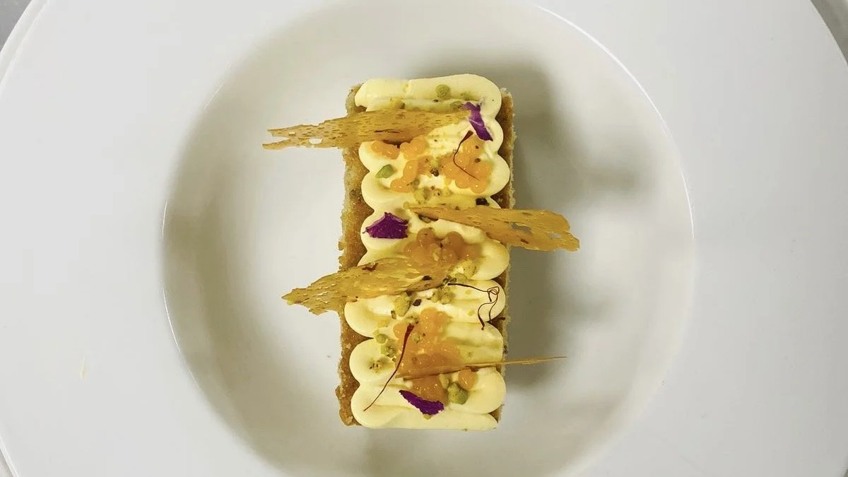 Pistachio mango cake soaked in saffron-infused milk, caramel tuile*.jpg