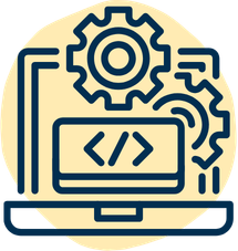 Illustration of computer code and gear icons representing programming or software development.