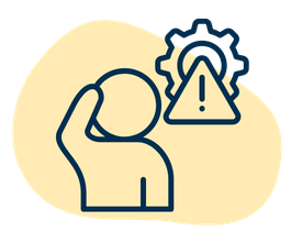 A person holding their head with a warning sign and exclamation mark indicating confusion or a problem.