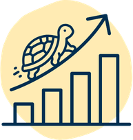 Illustration of a turtle climbing an upward trending bar graph, symbolizing growth or progress.