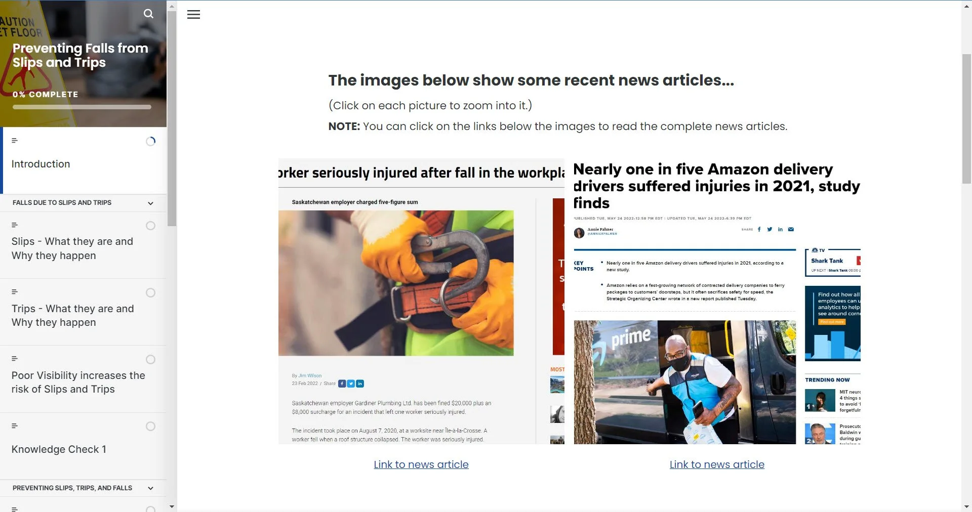 Screenshot of an e-learning module on slip and trip prevention and injuries among Amazon delivery drivers, featuring images of a safety sign, a worker with safety gear, and a delivery person wearing a mask beside an Amazon truck.
