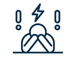 Person holding head with hands, surrounded by exclamation points and a lightning bolt indicating stress or alarm.