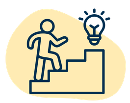Person ascending stairs towards a lightbulb symbolizing an idea.
