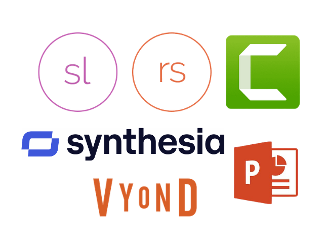 Collection of logos for software tools, including Articulate Storyline, Articulate Rise, Camtasia, Synthesia, PowerPoint, and Vyond.