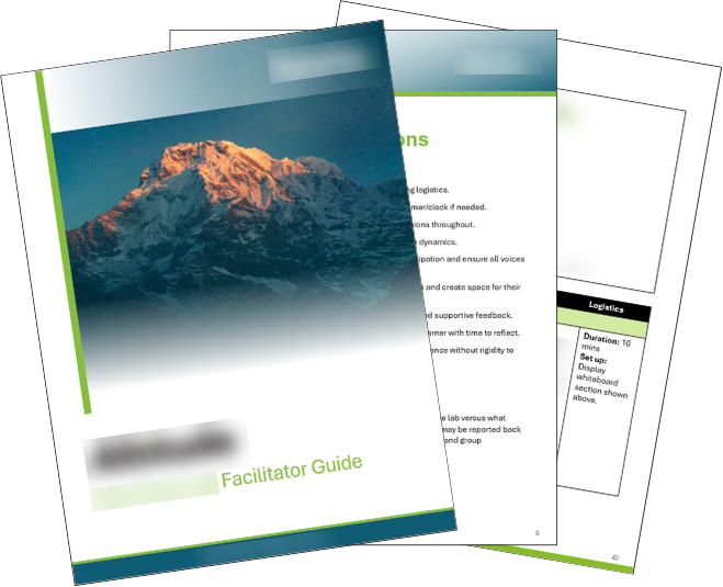 Facilitator guide with mountain landscape cover and internal pages with text.